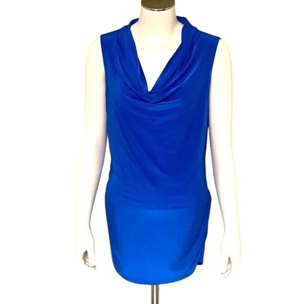 Dana Buchman Size S Blue Sleeveless Cowl Neck Ruched Knit Blouse Careercore Chic - Picture 1 of 8